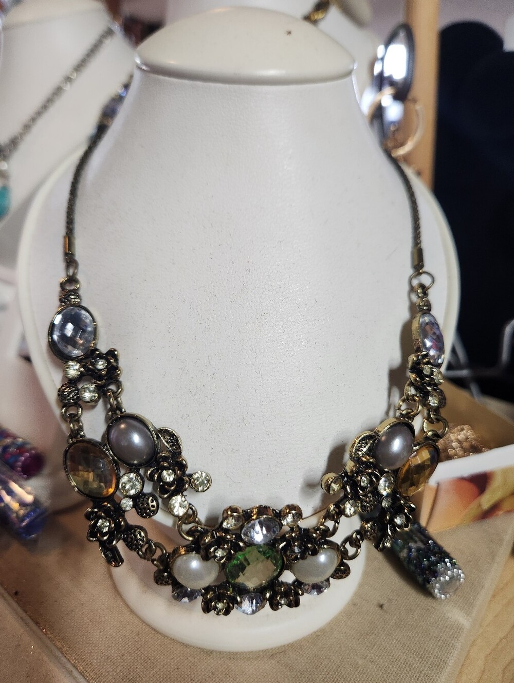 Vintage-Style Multi Gemstone Statement Necklace - Gold Tone